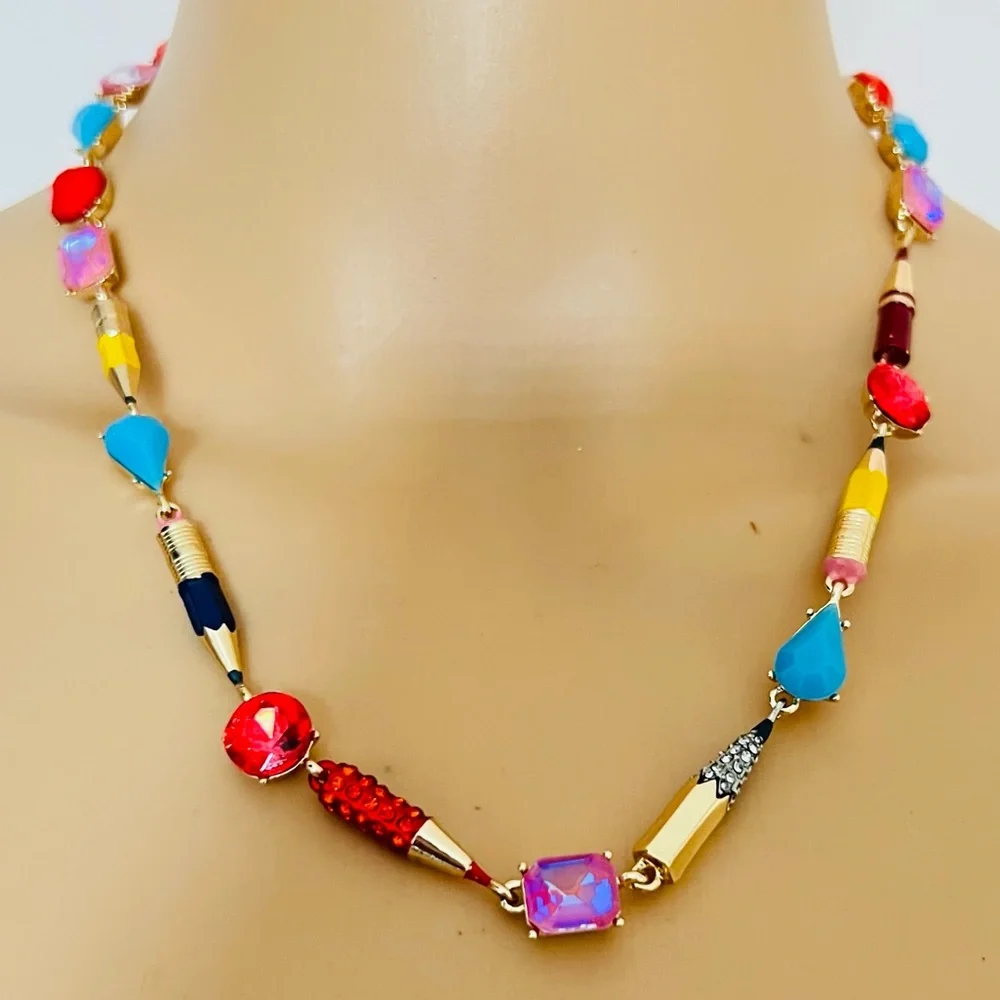 New Betsey Johnson Faux Stone Back To School Pencil Collar Necklace - Picture 9 of 10